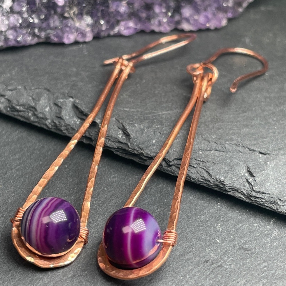 Purple Crazy Laced Agate Hammered Copper Dangle Earrings - Picture 4 of 11